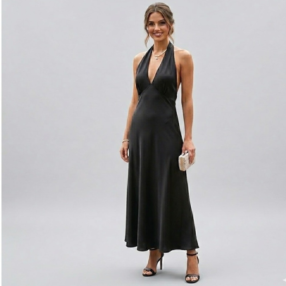 Lulus Halter Maxi Dress Women XL Black Deep V-Neck‎ Open Back Satin Look